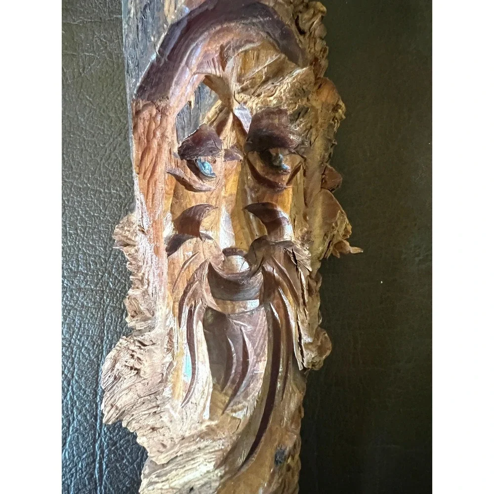 Vintage Hand Carved Wood Spirit Face Forest Wizard Folk Art Branch Carving